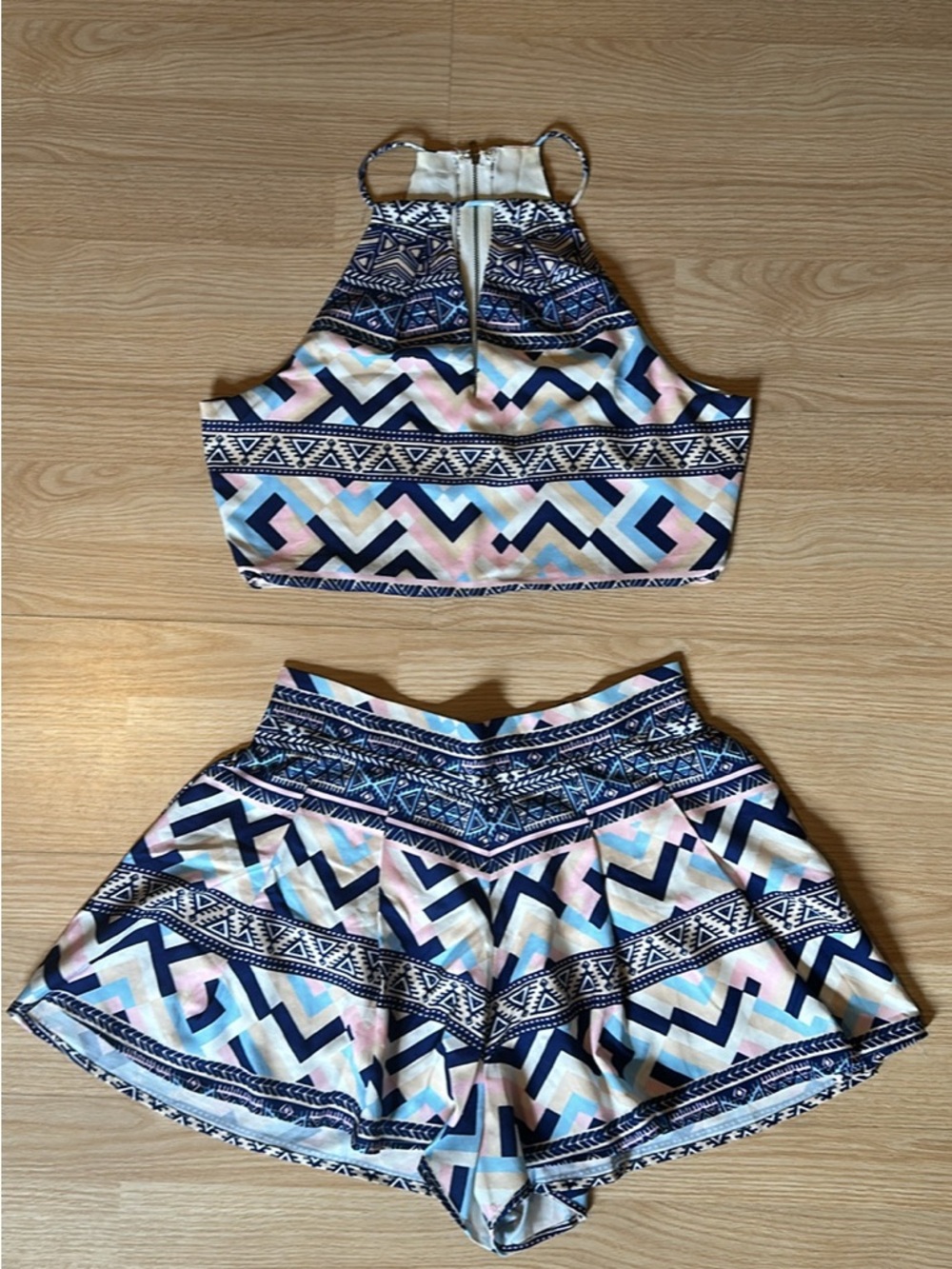 Two-Piece Printed Crop Top & High-Waist Skort Set - Navy, Pink, Light Blue